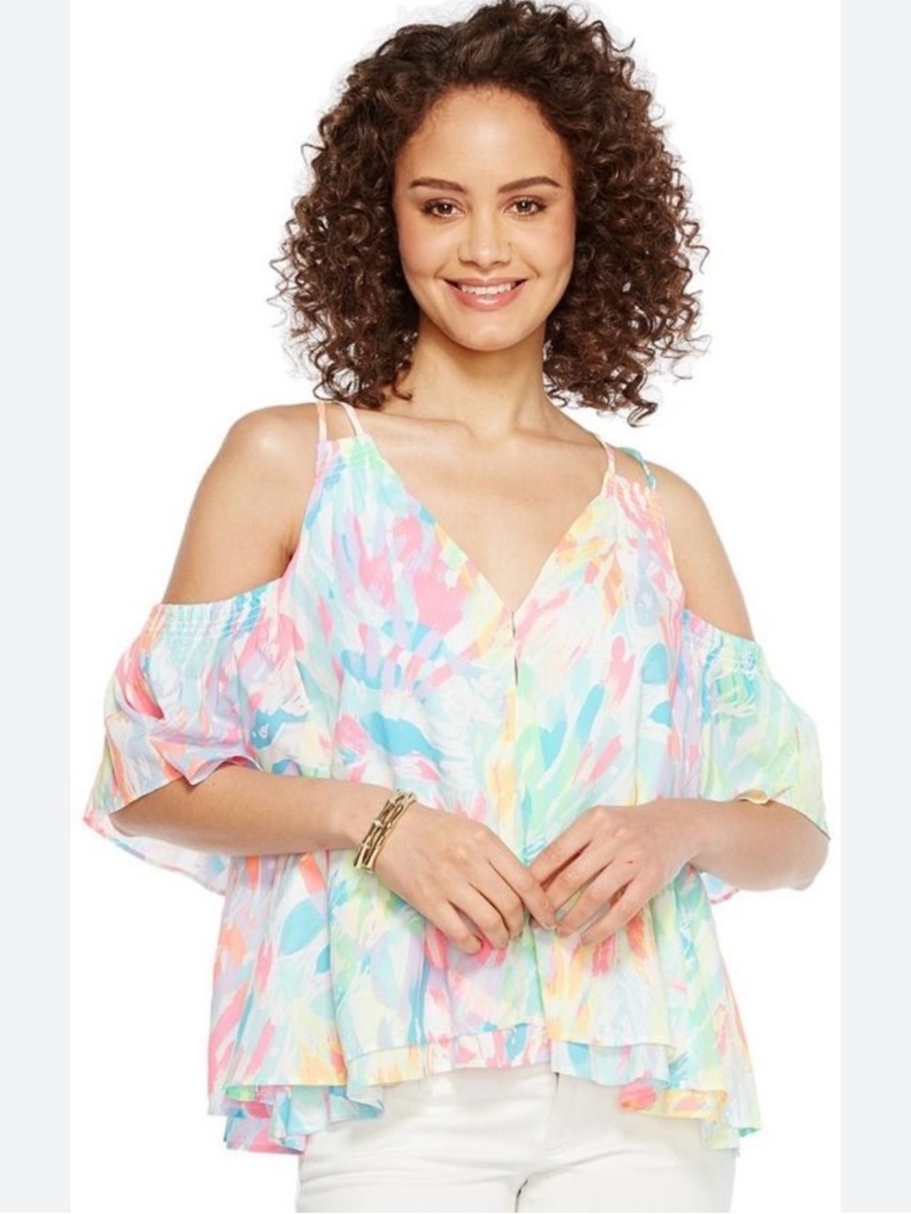 Lilly Pulitzer Bellamie Cold Shoulder Top XXS Sparkling Sands Multicolor Rayon